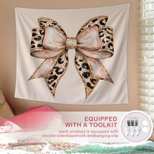 Lacama Cheetah Print Tapestry Western Tapestry，Coquette Bow Estern Decor Wall Art for Bedroom Home Room College Dorm, Trendy Leopard Print Gifts for Women Teen Girls Room, Cowgirl Room Decor, 50x60In - color: Bow