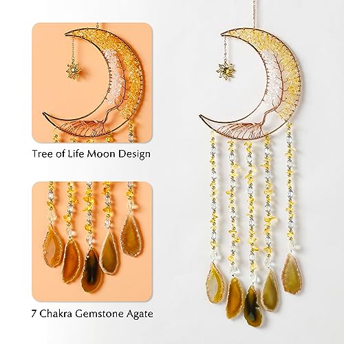 Agate Gemstone Dream Catcher 7 Chakra Tree of Life Dream Catcher with Rainbow Crystal Stones Handmade Dreamcatcher Wall Decor for Adults Boys Girls,Bedroom,Wedding,Garden,Bless Gift(Gold Moon) - color: Gold Moon Agate