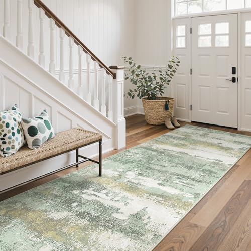 BEIMO Runner Rug for Hallway Kitchen, 2'6"x6' Machine Washable Runners Rug for Entryway, Soft Modern Abstract Throw Rugs, Low Pile Floor Cover with Non Slip Backing, Light Green - color: Light Green/Cream, size: 2'6" x 6' (Rectangular)