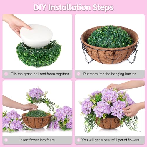 Ammyoo Artificial Flowers in Hanging Basket Planter for Home Spring Summer Decoration, Silk Hydrangea Outdoor Indoor Arrangements, 12" Metal Coconut Lining Basket with Faux Plant(Light Purple) - color: Z-light Purple With Basket