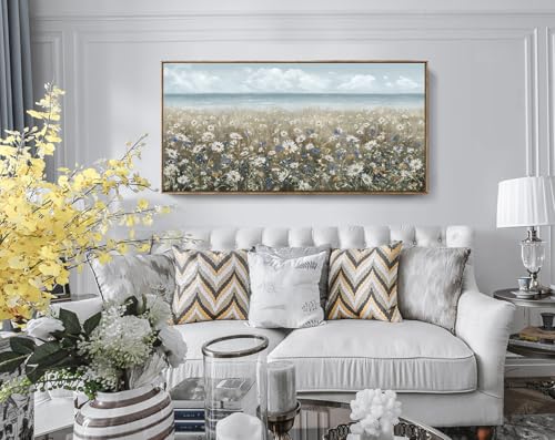 amatop Large Wall Art for Living Room Framed Boho Beach Coastal Floral Ocean Wall Picture Farmhouse Daisy Flower Sea Canvas Print Nautical Neutral Vintage Warm Artwork Home Bedroom Office Decor 48x24 - color: Coastal Flower Sea Art, size: 48"L x 24"W