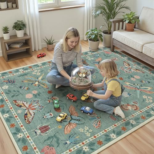 Beeiva Insect Print 5x7 Area Rugs for Living Room - Washable Non Slip Rugs for Dining Room Under Table, Soft Stain Resistant Carpet for Playroom Bedroom Office Whimsical Decor(5'x7',Green) - color: Light Green, size: 5' x 7' (Rectangular)