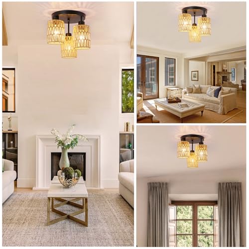 Surpars House Boho Rattan Ceiling Light Fixture, Mini Rattan Chandelier Lighting Fixture, Hand Woven Ceiling Light Fixtures for Hallway Bedroom Kitchen Entryway Living Room (Brown) - color: Brown