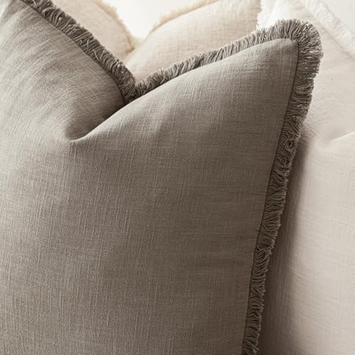 Foindtower Set of 2 Decorative Linen Fringe Throw Pillow Covers Boho Farmhouse Cushion Cover with Tassels Accent Pillowcase for Couch Chair Sofa Bed Living Room Home Decor,16×16 Inch,Dune - color: Dune, size: 16" x 16" (Pack of 2)