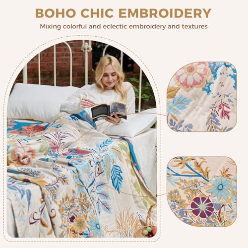 LUTBM Boho Throw Blanket for Bed Cotton Summer Blankets Twin Size for Bedroom Living Room All Season Lightweight Floral Embroidery Decorative Breathable Quilt for Couch Sofa Chair 60"x80" - color: Branches Tendrils, size: 60"×80"