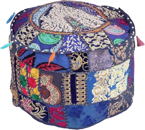 Indian Pouf Footstool Ethnic Embroidered Pouf Cover, India Cotton Round Pouffe Ottoman Pouf Cover Pillow Ethnic Decor Art-Cover Only-Indian Ottoman poufs - color: Blue, size: 22"D x 22"W x 14"H