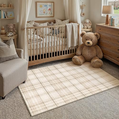 4x6 Beige Area Rug for Living Room Bedroom Machine Washable Low Pile Checkered Carpet Modern Accent Soft Non Slip Rug for Dining Room Nursery Office Indoor - color: Beige, size: 4' x 6' (Rectangular)