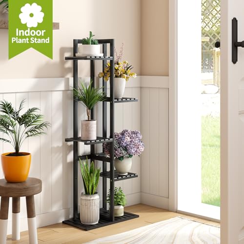 BMOSU Bamboo Plant Stand for Indoor Outdoor Plants Corner Tall Plant Shelf 6 Potted Holder Shelf Plant Rack Holder Display Rack(Black) - color: Black