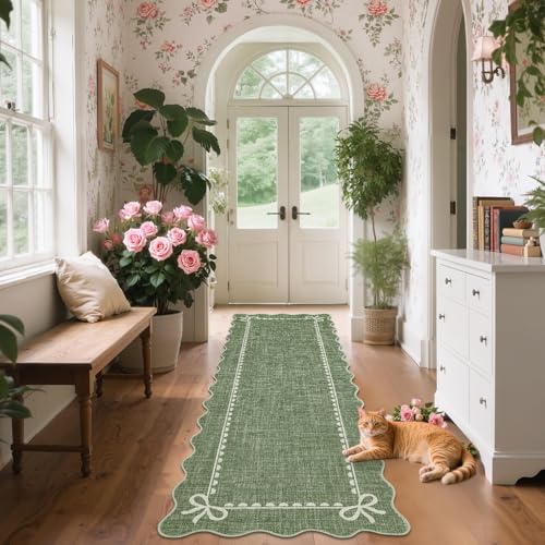 GarveeHome Scalloped Bow Rug for Living Room, Solid Green Rug for Dorm, Washable Runner Rug 2x6 Soft Low Pile Non Slip Scalloped Rugs for Nursery Bedroom Decor Hallway Entryway Playroom - color: Green, size: 2' x 6' (Rectangular)
