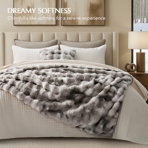EverGrace Ultra Soft Luxury Fluffy Faux Rabbit Fur Throw Blanket, Thick Warm Bubble Throw for Bed, Cozy Plush Reversible Blankets for Couch, Chair, Sofa, Light Grey, 50x60 Inches - color: Marble Grey, size: 50"x60"