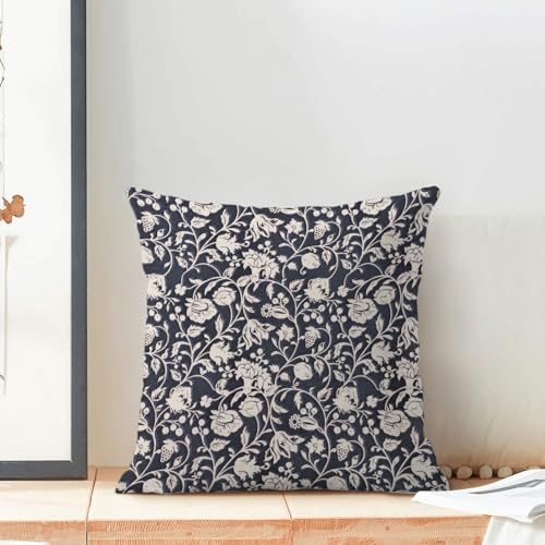 Navy Blue Floral Throw Pillow Covers 18x18 Set of 2, Flower Print Linen Decorative Pillow Covers Neutral Vintage Decoration Outdoor Cushion Cover Floral Pillowcase for Sofa Couch Farmhouse - color: Print Navy Blue, size: 18" x 18" (Pack of 2)