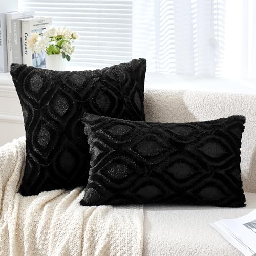 MIULEE Black Throw Pillow Covers 18x18 Inch, Soft Winter Plush Faux Wool Couch Pillow Covers Set of 2 Decorative Farmhouse Boho Throw Pillows for Sofa Living Room Bed - color: Black, size: 18" x 18" (Pack of 2)