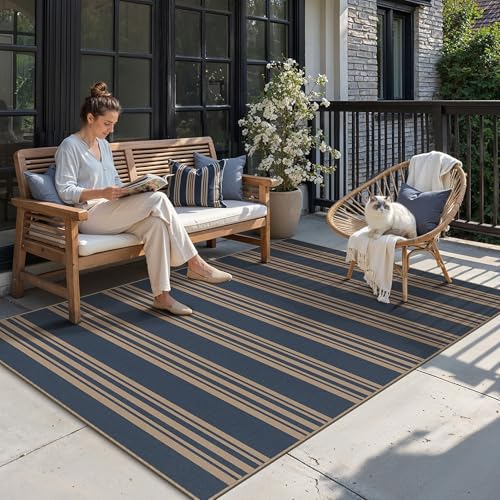 PureCozy Striped Easy Jute Rug 6x9 Blue Living Room Carpet Washable Non Slip Bedroom Office Rug Farmhouse Neutral Non Shedding Indoor Outdoor Large Carpet for Kitchen Dining Room - color: Blue/Striped, size: 6' x 9' (Rectangular)