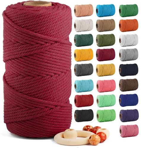 Macrame Cotton Cord 5mm x 109 Yards, ZUEXT 100% Natural Handmade Colorful 4 Strands Twisted Braided Cotton Rope for Wall Hanging Plant Hangers Gift Wrapping Tapestry DIY Crafts(100m, Red Wine) - color: Red Wine, style: 5mm x 100m