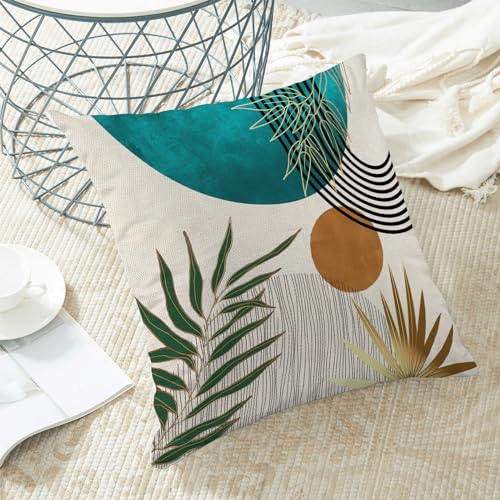 Boho Pillow Covers 16x16 Set of 2 Abstract Teal Green Gold Sunset Throw Pillow Covers Outdoor Decor Mid Century Bohemian Style Tropical Leaf Pillowcase Farmhouse Cushion Case for Sofa Couch - color: Mid-century-teal, size: 16" x 16" (Pack of 2)