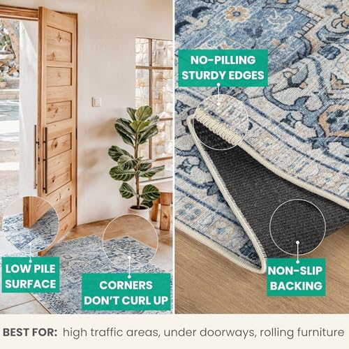 Bloom Rugs Caria Washable Non-Slip 6x9 Rug - Blue Traditional Area Rug for Living Room, Bedroom, Dining Room, and Kitchen - Exact Size: 6' x 9' - color: Blue, size: 6' x 9' (Rectangular)