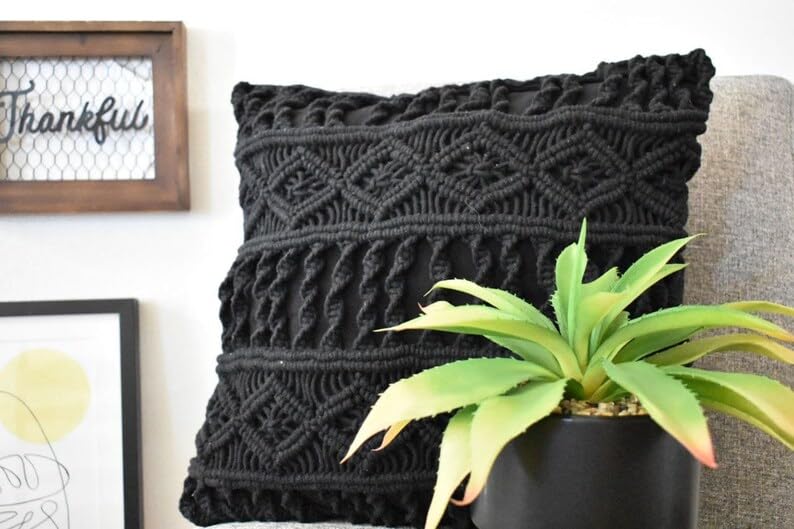 Black Macrame Throw Pillow Cover, Boho Handwoven Knitted Decorative Square Cushion Case for Sofa Couch Bedroom Home Decor, 18x18 Inch, Pillow Insert Not Included