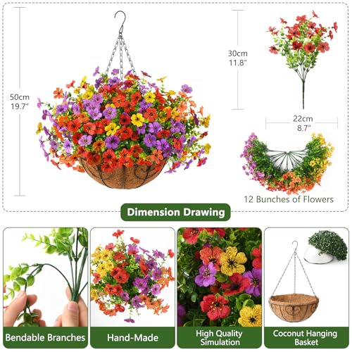 Artificial Faux Hanging Flowers Plants with Basket for Outdoor Spring Decoration, Fake Silk Daisy Outside Indoor UV Resistant Look Real Yard Patio Front Porch Garden Balcony Home Summer Decor(Mix2) - color: Red Orange Yellow Purple