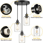 MAXvolador Industrial 3-Light Pendant Light, Adjustable Hanging Light Fixture with Clear Glass Shade, Pendant Lighting E26 Base Ceiling Lamp, Black - color: Black