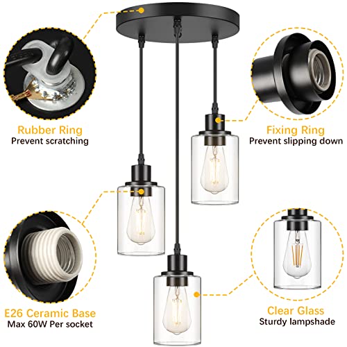 MAXvolador Industrial 3-Light Pendant Light, Adjustable Hanging Light Fixture with Clear Glass Shade, Pendant Lighting E26 Base Ceiling Lamp, Black - color: Black