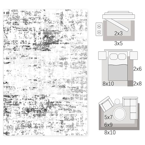 5x7 Area Rug Living Room Rugs - Machine Washable Neutral Abstract Rugs for Dinning Room Indoor Floor Non Silp Rug Carpet for Bedroom Home Office Decor - Black White - color: Grey/White, size: 5x7ft