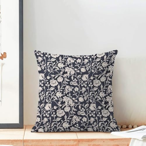 Floral Throw Pillow Covers 16x16 Set of 2, Flower Print Linen Decorative Pillow Covers Neutral Vintage Decoration Outdoor Cushion Cover Navy Blue Floral Pillowcase for Sofa Couch Farmhouse - color: Print Navy Blue, size: 16" x 16" (Pack of 2)