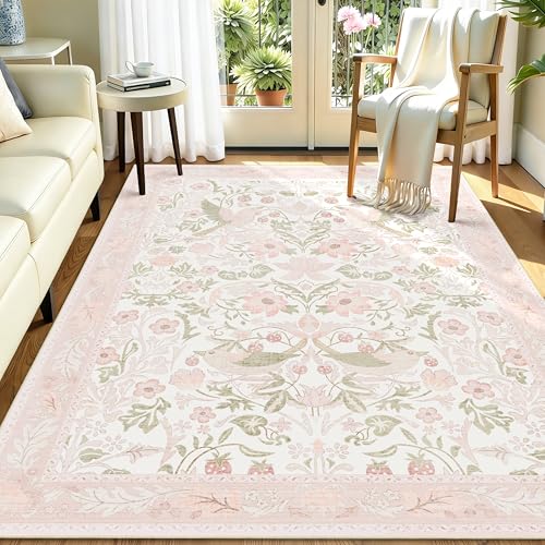 8'x10' Area Rugs Washable,Pink Rug for Living Room Bedroom Dining Room,Large Boho Botanical Farmhouse Bohemian Distressed Oriental Carpet Non Slip,Blush Floral Bird - color: Pink Floral Bird, size: 8'x10'