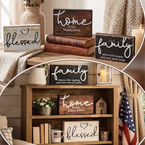 Jetec 3 Pcs Wooden Family Sign Rustic Blessed Home Wall Art Wood Wall Mini Decor Farmhouse Table Shelve Decoration Sign for Bedroom Kitchen Living Room Table Decor (Rustic Color,4.25 x 2.76 x 0.59 in) - color: Rustic Color, size: 4.25 x 2.76 x 0.59 in