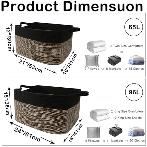 96L Large Blanket Basket,24"x16"x15"Rectangle Storage Bin with Handles,Woven Rope Laundry Basket for Toys, Clothes,Magazines,Home Organization,Nursery,Living Room & Bedroom,Black&Jute - color: Black & Jute, size: 24"x16"x15"(96L)