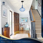 11" Hand-Blown Blue Glass Pendant Light, Hammered Glass Shade with Black Finish, Adjustable Modern Hanging Light Fixture for Kitchen Island, Dining Room, Hallway, Living Room - color: Blue Rod