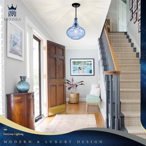 11" Hand-Blown Blue Glass Pendant Light, Hammered Glass Shade with Black Finish, Adjustable Modern Hanging Light Fixture for Kitchen Island, Dining Room, Hallway, Living Room - color: Blue Rod