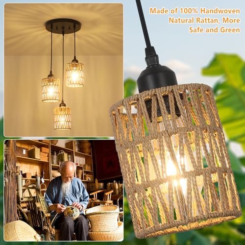 LAMSU 3 Lights Rattan Pendant Light, Farmhouse Dining Room Light Fixtures Ceiling Hanging, Boho Pendant Lighting with Hand Woven Wicker Shades for Kitchen Island Living Room Bedroom Foyer Hallway - size: 3 Lights