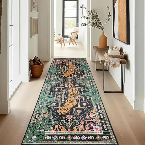 Oriental Tropical Kitchen Runner Rug 2x5 Washable, Thin Stain Resistant Black Boho Bathroom Runner Rug for Hallway Entryway Bedroom Laundry, Vintage Abstract Hippie Botanical Long Carpet - color: Black, size: 2' x 5'