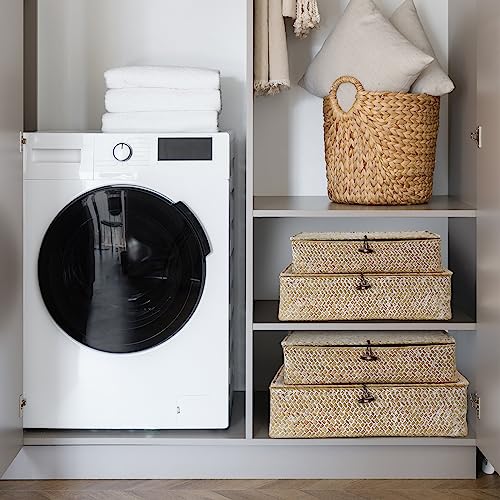 Didaey Set of 4 Seagrass Basket with Lid Wicker Storage Basket Decorative Storage Boxes with Lids Flat Storage Bins Woven Organizer Baskets for Shelf Closet Bedroom, 4 Sizes (White) - color: White