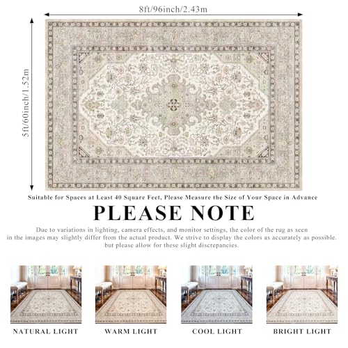5x8 Area Rug Bedroom Washable: Oriental Rugs for Living Room - Ultra Thin Low Pile Stain Resistant Carpet - Home Decor for Vintage Style Lover 5x8 Ivory - color: Ivory, size: 5' x 8' (Rectangular)