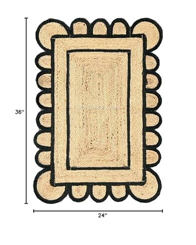 Braided Scalloped Jute Rug Natural with Black Trim, Handmade Farmhouse Boho Area Rug for Entryway, Kitchen, Hallway, Living Room, Bedroom, Rustic Woven Floor Rug - (Black- 2X3 ft) - size: 2' x 3' (Rectangular)