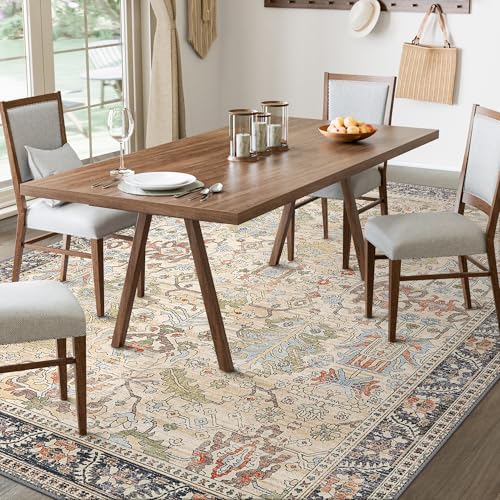 Bavni 6x9 Area Rugs Boho Washable Rugs for Living Room Non-Slip, Ultra Thin Low Pile Vintage Rug for Bedroom Dinning Room Office, Modern Farmhouse, Ivory/Teal - color: Ivory/Teal, size: 6' x 9' (Rectangular)