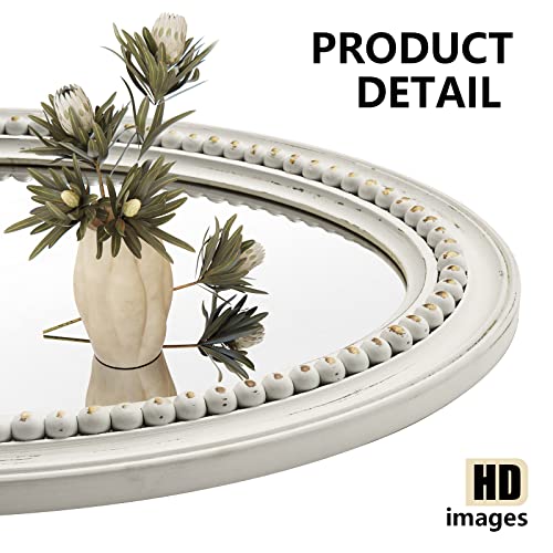 H HOMEWINS Oval Mirrors for Wall,20x30 Oval Wooden Rustic Farmhouse White Beads Boho Decorative Mirror for Bedroom, Bathroom, Living Room,Vanity - color: White, size: 30"L x 20"W