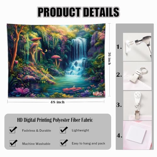 keowhsf Forest Waterfall Tapestry with Mushrooms and Flowers – Colorful Floral Plants Natural Landscape Wall Art, Fantasy Aesthetic Wall Hanging for Bedroom Decor - color: Waterfall, size: 48"L x 36"W