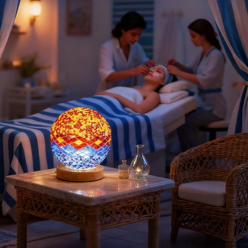 Mediterranean Mosaic Table Lamp Tiffany Style Lights USB Power Dimmable Ambient Lighting Spa Corner/Massage Room Decor Colored Coastal Bedside Lamp for Bedroom(5V 4.72"*5.31") - style: Mediterranean Orange