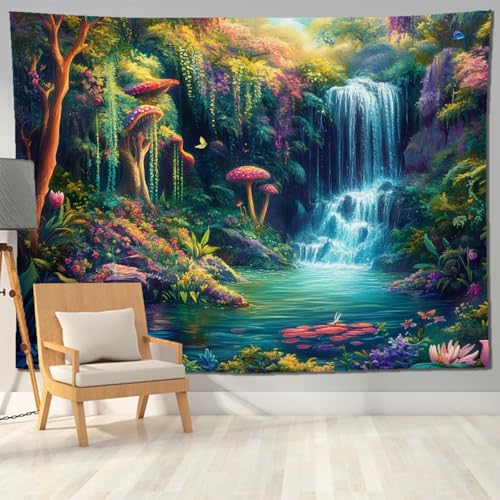 keowhsf Forest Waterfall Tapestry with Mushrooms and Flowers – Colorful Floral Plants Natural Landscape Wall Art, Fantasy Aesthetic Wall Hanging for Bedroom Decor - color: Waterfall, size: 80"L x 60"W