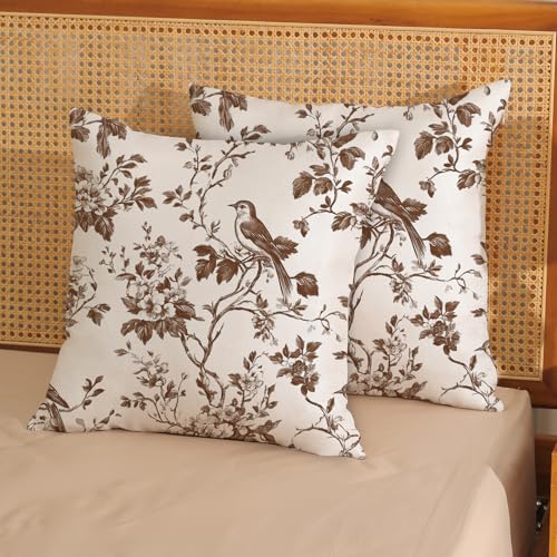 Brown Pillow Covers 18x18 Set of 2 Chinoiserie Flower Bird Throw Pillow Covers Outdoor Decor Spring Summer Vintage Floral Pillowcase Farmhouse Decorative Linen Cushion Case for Home Couch Sofa - color: A-floral Birds-brown, size: 18" x 18" (Pack of 2)