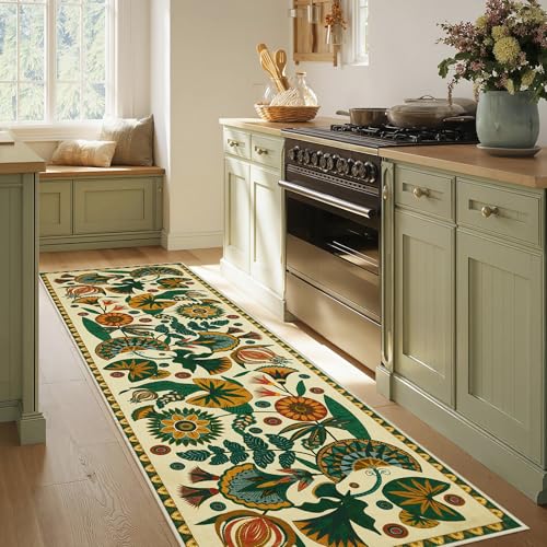 Joydeco Egypt Floral Washable Runner Rug for Hallway Entryway, Boho 2x8 Beige Bathroom Kitchen Runner Rugs Non Skid Washable, Vintage Non Slip Throw Carpet for Laundry Room Entrance - color: Beige, size: 2'7" x 8' (Runner)