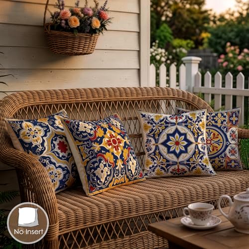 OBSEDE Throw Pillow Covers Set of 4, 18x18 Inch Blue and Yellow Mediterranean Tile Print, Bohemian Floral Decorative Pillow Cases for Sofa Couch Bedroom, Farmhouse Outdoor Home Decor - color: Sicilian Summer, size: 18" x 18" (Pack of 4)