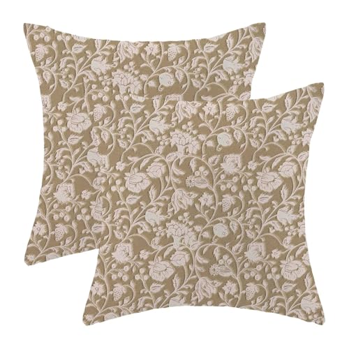 Spring Khaki Floral Throw Pillow Covers 18x18 Set of 2, Khaki Flower Print Decorative Pillow Cover Neutral Vintage Decoration Outdoor Cushion Cover for Sofa Couch Farmhouse Room - color: Print Khaki, size: 18" x 18" (Pack of 2)