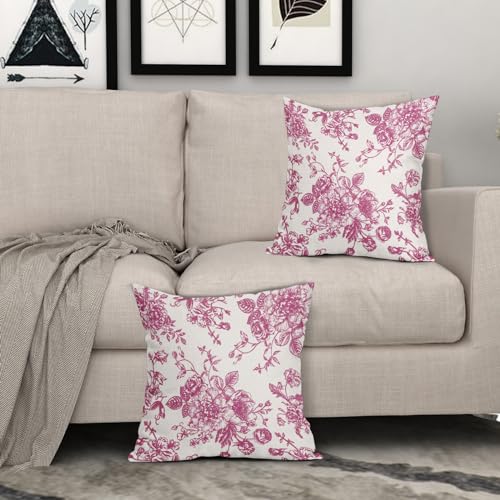 Hot Pink and Cream Floral Pillow Covers 18x18 Inch Set of 2 Vintage Floral Throw Pillow Covers Chinoiserie Flower Pillowcases Rustic Farmhouse Cotton Linen Cushion Covers for Couch Bed Sofa Decor - color: Hot Pink, size: 18" x 18" (Pack of 2)