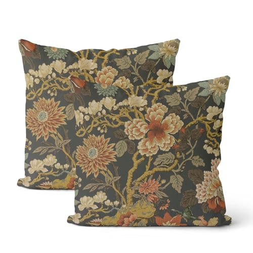 Chinoiserie Throw Pillow Covers 18x18 Inch 2 Pcs Brown Grey Burnt Orange Floral Decor Pillow Covers Vintage Flower Fall Outdoor Boho Decorative Pillowcase Linen Cushion Cover for Couch - color: Chinoiserie Brown Grey Floral, size: 18" x 18" (Pack of 2)