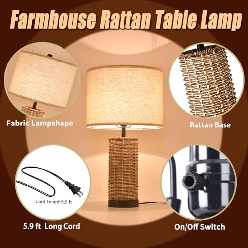 23.3" Boho Table Lamps for Living Room, Bedside Lamp for Nightstands, Rattan Lamp Wicker Lamp for Bedroom, Farmhouse Rustic Woven Table Lamp for Kitchen Room Decor, End Table, Retro(No Bulb) - color: Rattan-A