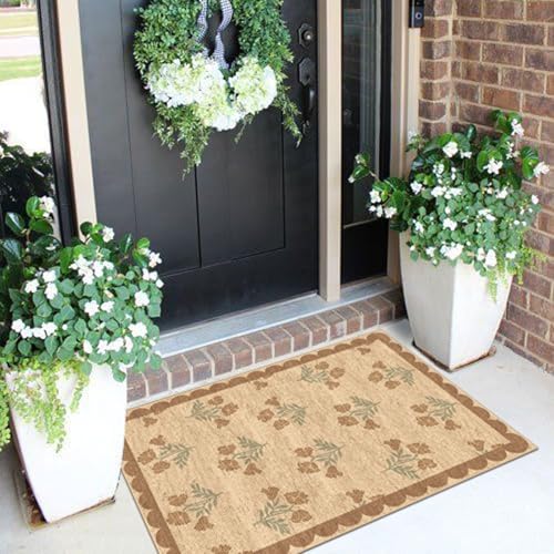 Front Door Mat Outside Entrance - 2x3 Floral Non-Slip Washable Doormat Indoor Outdoor Mat Jute-Look Farmhouse Tan Scalloped Entry Rug Small Throw Rugs for Entryway Kitchen Front Porch Decor - color: Flower - Wheat/Tan/Sage, size: 2' x 3' (Rectangular)