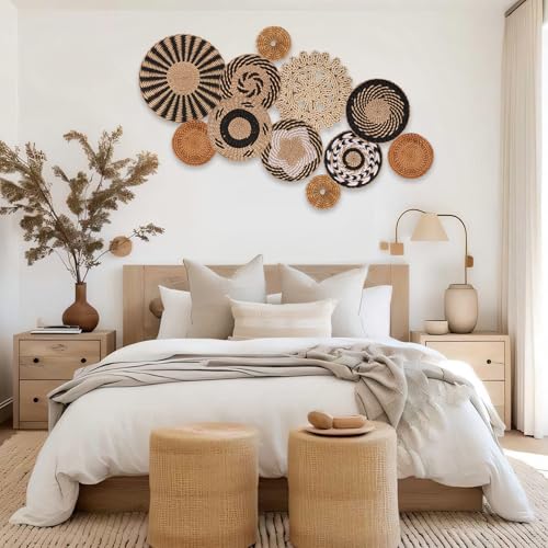 Boho Wall Basket Decor Set of 11 - Hanging Woven Bulrush Basket Wall Decor, Handcrafted Round Flat Baskets Wall Art, for Rustic Farmhouse、Home - Unique Rattan Wicker Wall Decor（Black Retro） - style: Black Retro